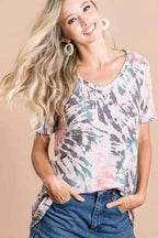 BiBi Women T-shirt Tie Dye Print Terry Deep U Neck Top Short Sleeve Top d7640a8627664bce8104df22cb25eb55-Max-Origin Trendsi