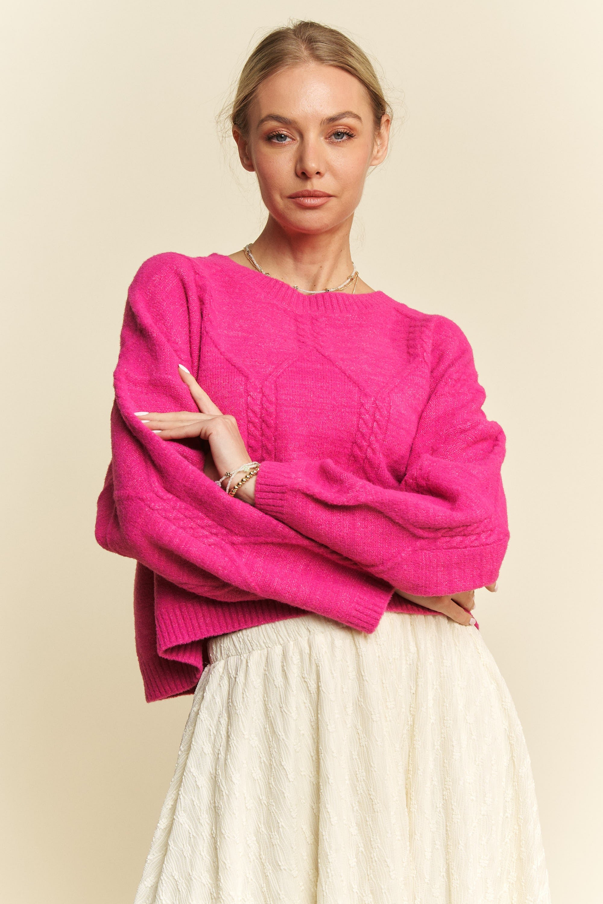 Davi & Dani USA Pink Sweater Diamond Cable Knit Pattern Long Sleeve Pullover d7651c81-b58e-4d78-bbf4-608354dea6dd-Max Trendsi