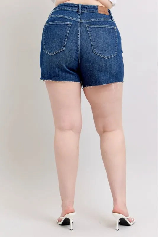 Judy Blue Denim Shorts Plus Size High Waist Criss-Cross Waistband Dark Blue d76842bf14db4fc2a4f55f048014d1a8-Max-Origin Trendsi