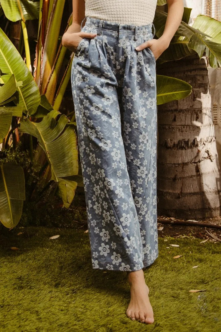 BiBi Jeans Blue Floral Texture Wide Leg High Waisted Pocketed Pants d76968b6ac0549568f836d6e46eca5dc-Max-Origin Trendsi