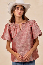 BiBi Jacquard Womens Blouse Red Woven Short Balloon Sleeves V Neck Top d777605b6cfb4f8fa18f6298b820771c-Max-Origin Trendsi