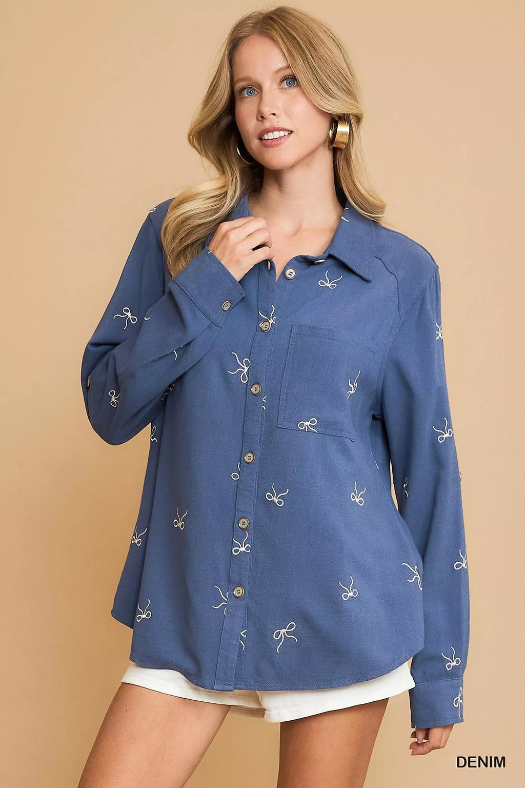 Umgee Shirt Linen Blend Fitted with Ribbon Embroidery Denim Blue Top DENIM d777fca9-d2d7-4ead-b821-0be98e70bf6f-Max-Origin Trendsi