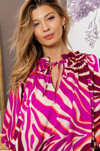 BiBi Satin Top Zebra Hot Pink Tied Neck Half Balloon Sleeve Oversized d790710cf0d64d7a8368fbf5463a0599-Max-Origin Trendsi
