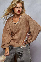 POL Oversized Ribbed Top Chocolate Balloon Sleeve with Floral Pattern Contrast d7963f44-6bf4-46b9-8aaa-c43003d2a4fb-Max-Origin Trendsi