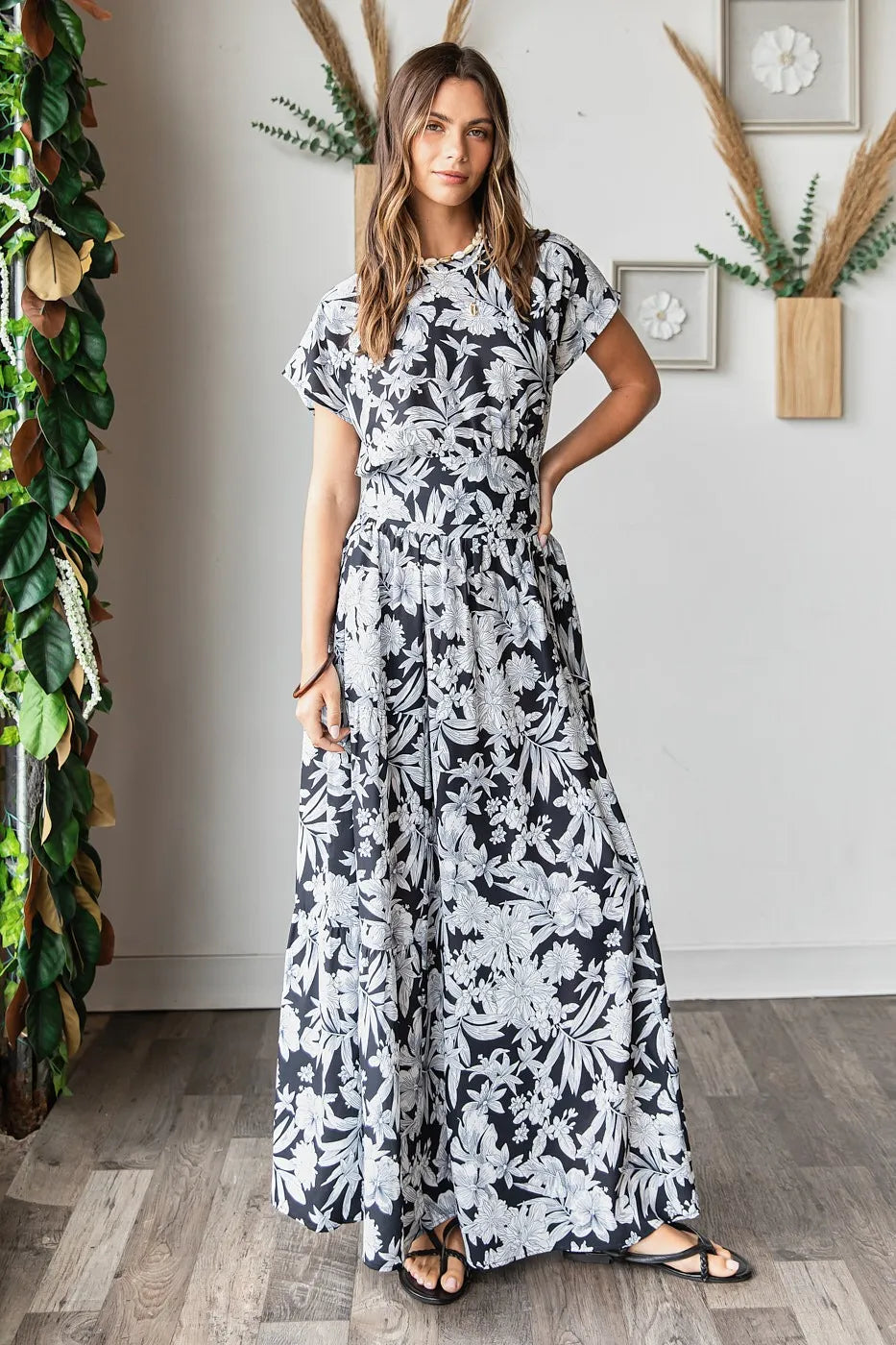 Mittoshop Top and Skirt Set Tropical Print Black Ruffled Maxi Floral BLACK d7a24cf10e9c42568609fb8652aea842-Max-Origin Trendsi