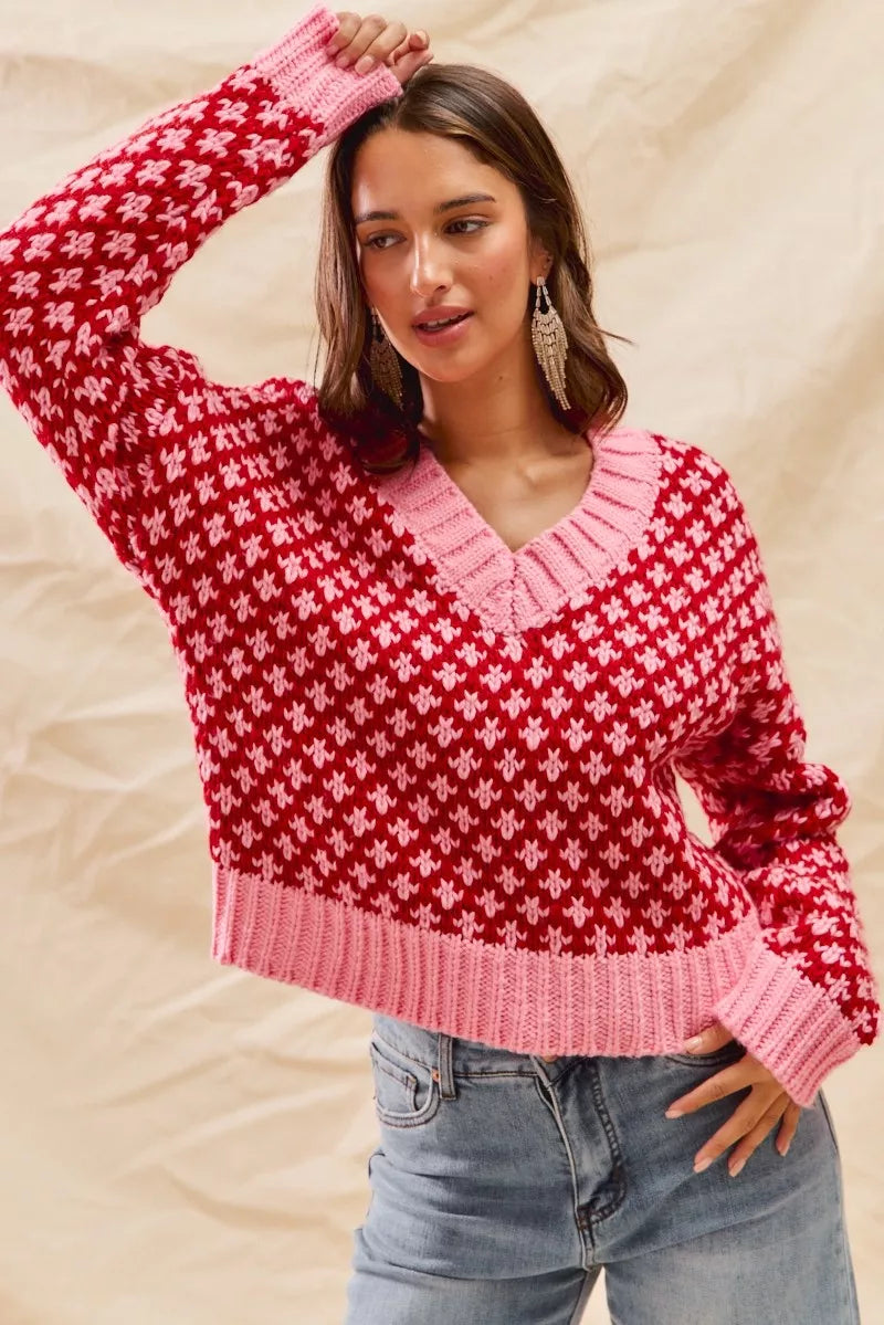 SO ME Christmas Women's Sweater Red Pink Color Block Textured V Neck Top d7b27c6a021b40e7b544707404684166-Max-Origin Trendsi