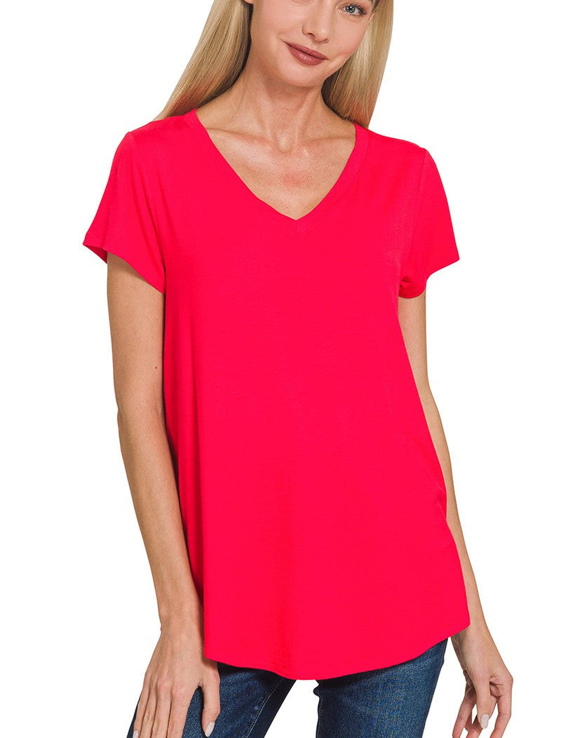 Zenana Rayon Short Sleeve V-Neck Top with Rounded Hem