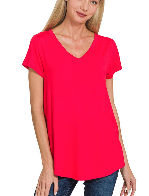 Zenana Rayon Short Sleeve V-Neck Top with Rounded Hem