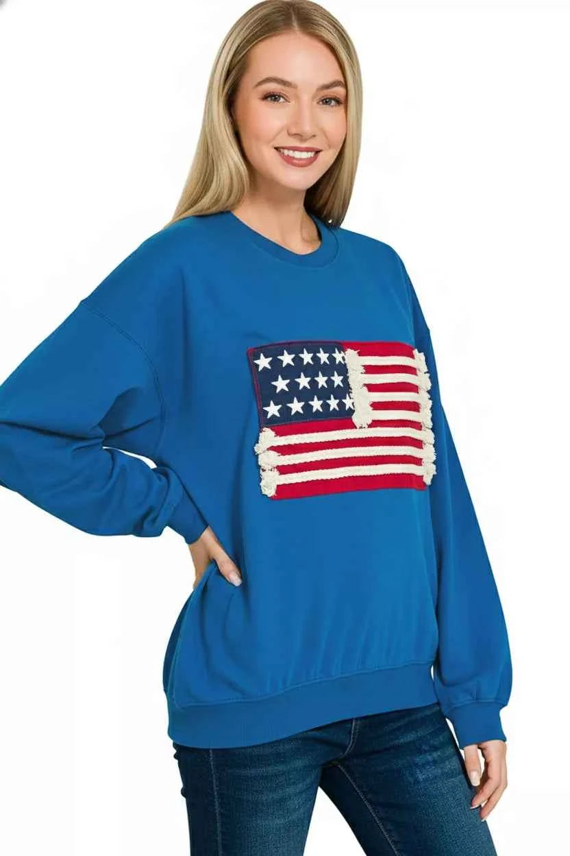 Zenana Women Sweatshirt Blue American Flag French Terry Pullover d7b384d9-3e2f-4ef1-a86e-8ae57a7795ac-Max-Origin Trendsi