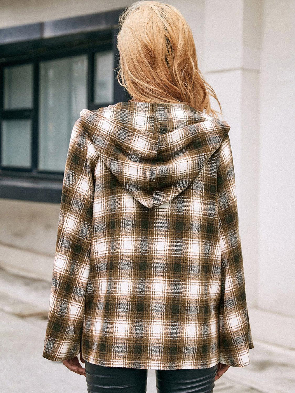 Pocketed Jacket Plaid Long Sleeve Hooded Coat d7caa1eb-8f28-4029-9c5b-61e1844b39d6-Max Trendsi