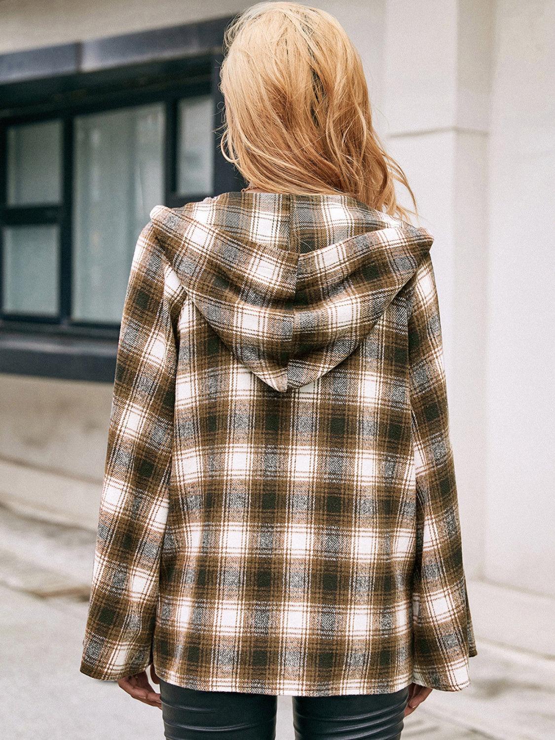 Pocketed Jacket Plaid Long Sleeve Hooded Coat d7caa1eb-8f28-4029-9c5b-61e1844b39d6-Max Trendsi