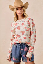 BiBi Womens Knit Top Floral Print Washed Waffle Thermal Blouse d7cd645a99e74101a3f2b6eaa51b4619-Max-Origin Trendsi