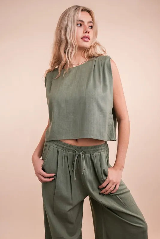 VERY J Outfit Set Olive Woven Top & High Waisted Pants Pocketed 2 Pcs d7ce0cd6fa1a4b69a1d7af2ab657c3bb-Max-Origin Trendsi