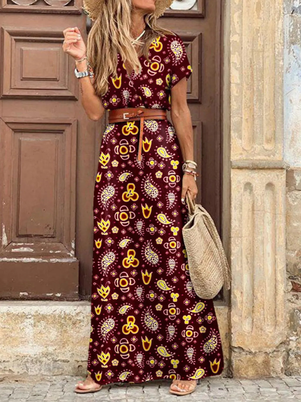 Maxi Dress Paisley Printed V-Neck Short Sleeve Boho Front Slit Blue d7d2fabe-0f3b-4d94-abf4-2c7830c71361-Max-Origin Trendsi