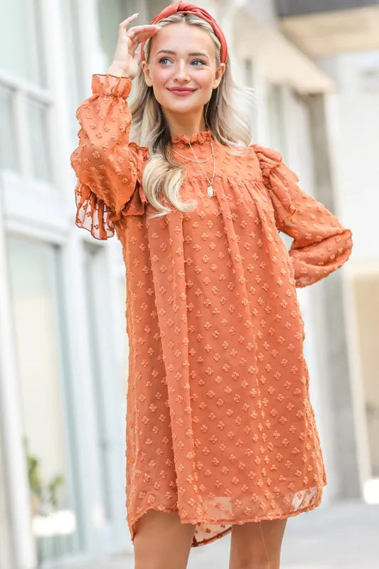 And The Why Mini Dress Swiss Dot Camel Lovely Ruffle Shoulder with Textured Camel d7d5e65c21654625a0d3ca239630c4e7-Max-Origin Trendsi