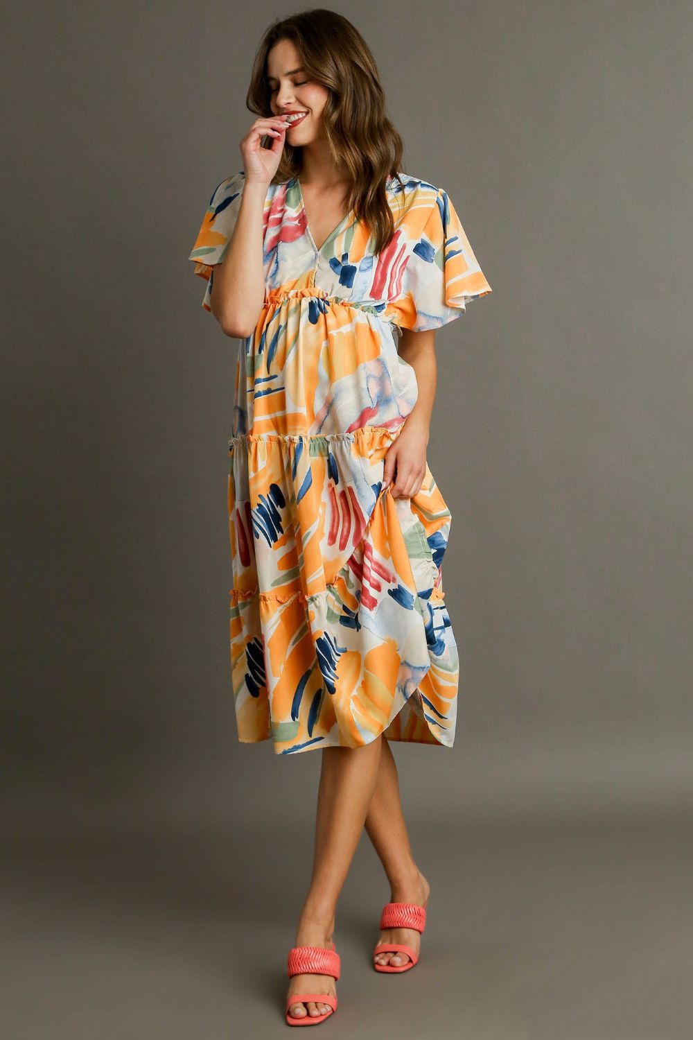 Umgee Midi Dress Abstract Colorful Print Flutter Short Sleeve Frill Tiered