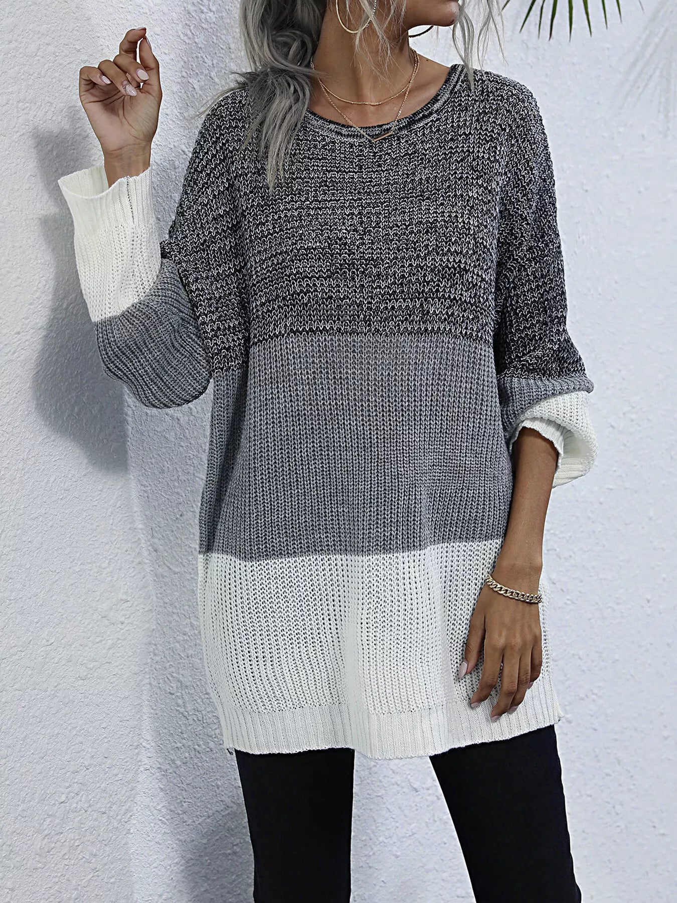 Women's Oversized Sweater Color Block Stripe Knit Round Neck Long Sleeve Gray White d7dcd2fc1aa846bcab38a205f49a5232-Max-Origin Trendsi