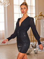 Sequin Mini Dress Black V Neck Surplice Lantern Long Sleeve Semi-sheer Slim d7df3611-ad28-48f8-9c7b-152499cd9c4d-Max Trendsi