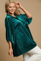 Umgee Women Shirt Polka Dot Teal Green Collared Neck Button Up Long Sleeve d7e37968-cf5d-425d-80a1-18f8dafb272b-Max Trendsi