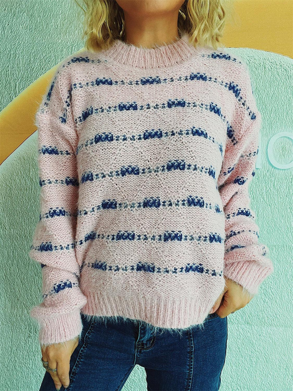 Striped Sweater Round Neck Long Sleeve Soft Knitwear Blush Pink One Size d7ecd2d9-9aeb-44d8-9b18-ed3ae0bf9ca3-Max Trendsi
