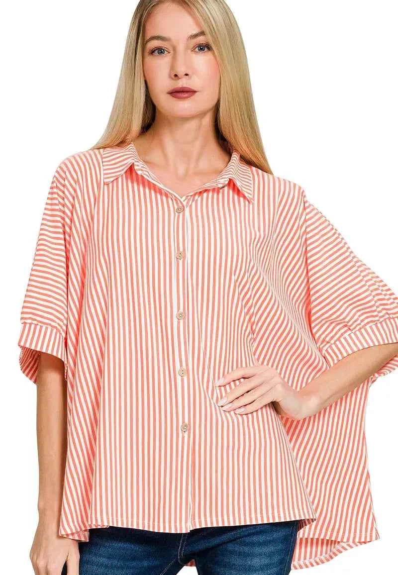 Zenana Oversized Shirt Coral Stripe Short Sleeve Top CORAL d7edd52d65d64fd884be5af3a8c2f8b4-Max-Origin Trendsi