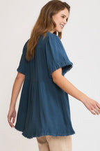 Umgee Linen Blouse Babydoll French Blue Raw Hem Notched Top d7f25081-6ec0-404f-86a8-7e9174090716-Max Trendsi