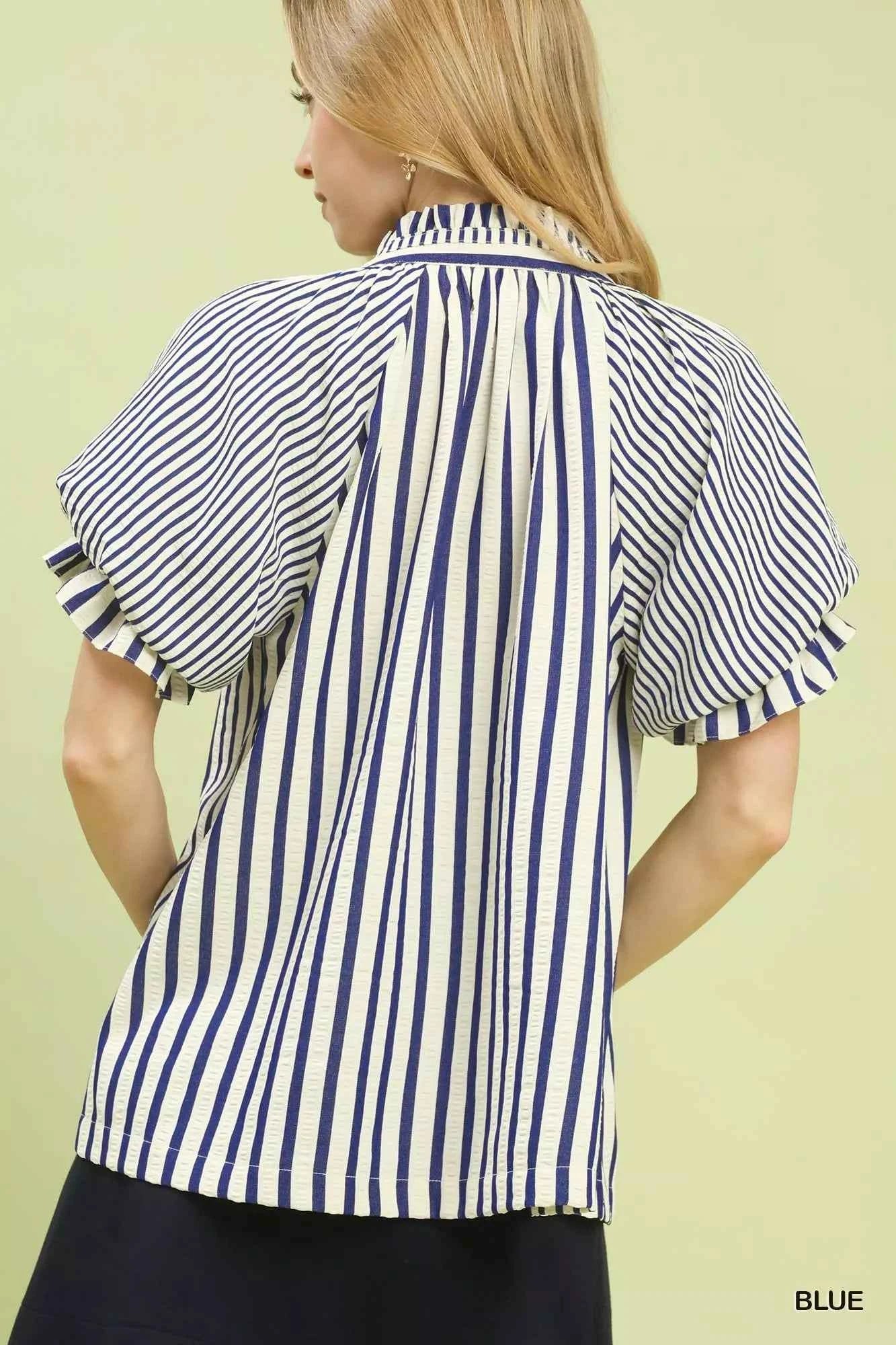 Umgee Women Blouse Blue Striped Notched Top with Short Flutter Sleeves d7f3a828-76f4-4909-80fe-ad348986ca9f-Max-Origin Trendsi
