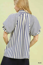 Umgee Women Blouse Blue Striped Notched Top with Short Flutter Sleeves d7f3a828-76f4-4909-80fe-ad348986ca9f-Max-Origin Trendsi