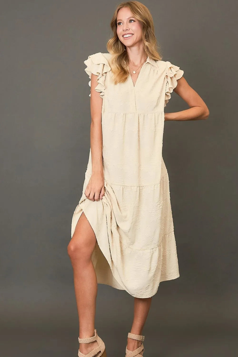 Umgee Midi Dress Cream Tiered Floral Burnout Ruffle Short Sleeve Cream d7f730bc-d0bd-44c9-b85d-93ad1cf0ef89-Max-Origin Trendsi