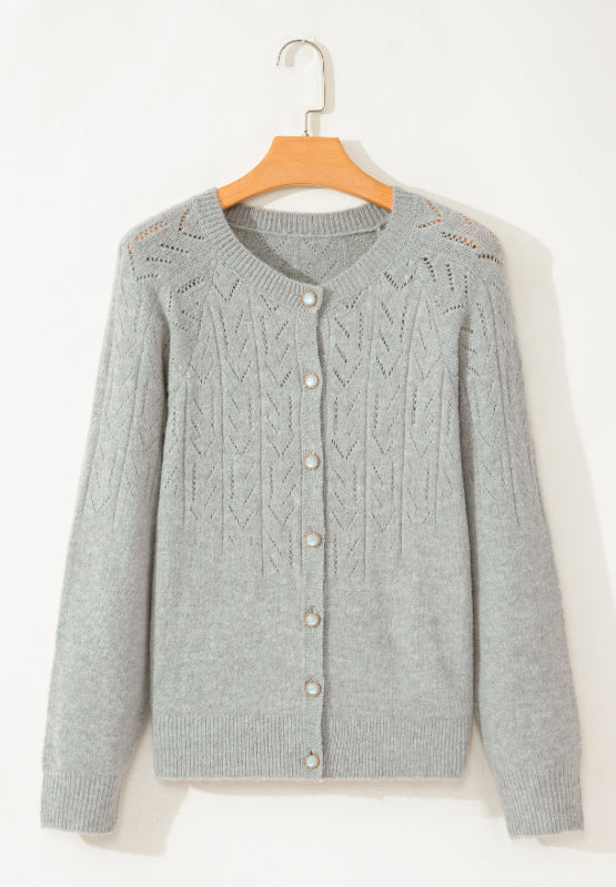 Gray Cardigan Woolen Blend Openwork Button Down Long Sleeve Knitwear d7fb2954-82d9-4f5d-95c5-20d626fc47bd-Max Trendsi