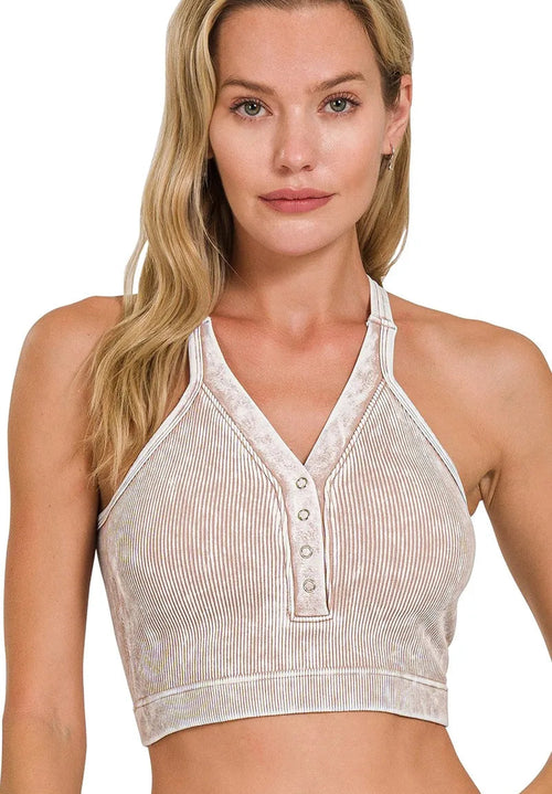 Close-up of ash mocha washed ribbed tank top with deep V-neck, four silver snap buttons on front placket, and halter neck
