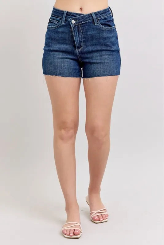Judy Blue Denim Shorts High Waist Criss-Cross Waistband Dark Blue DK d8130c06fadf4a47be21eb3188a0b530-Max-Origin Trendsi