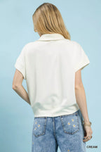 Umgee Blouse Cream Striped Collared Neck Half-Zip Top Short Sleeve d815ad03-8011-4a28-816d-204555028b34-Max-Origin Trendsi