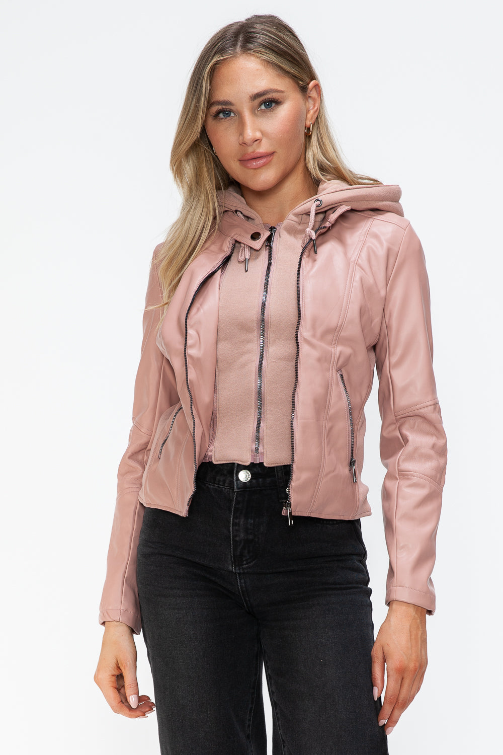 Snobbish Faux Leather Women Jacket Mauve Zip Up Drawstring Hooded