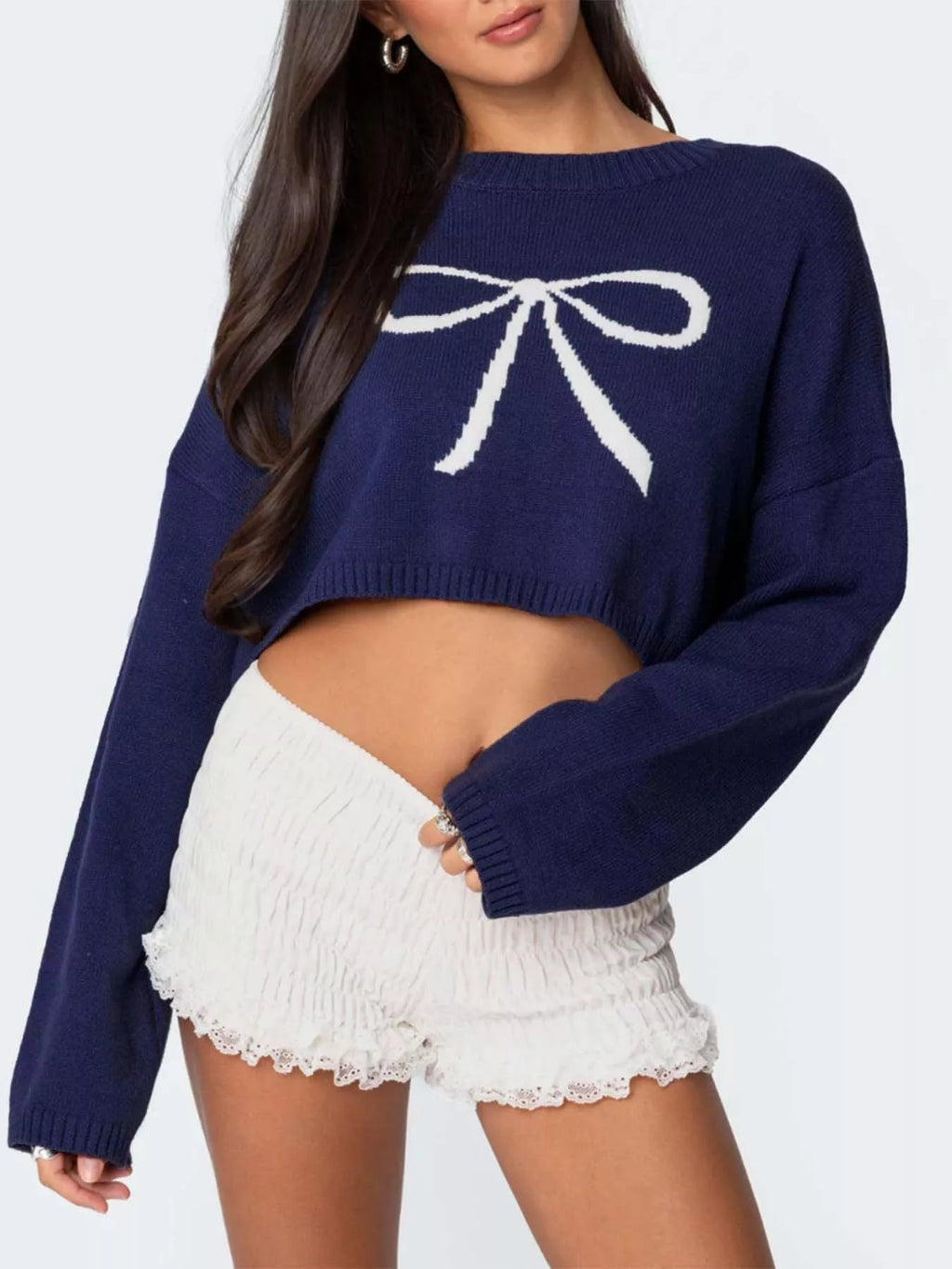 Women's Sweater Cropped Navy Blue Bow Round Neck Long Sleeve Navy d833eba5-439a-4b6f-9967-e52dc753f8e6-Max-Origin Trendsi