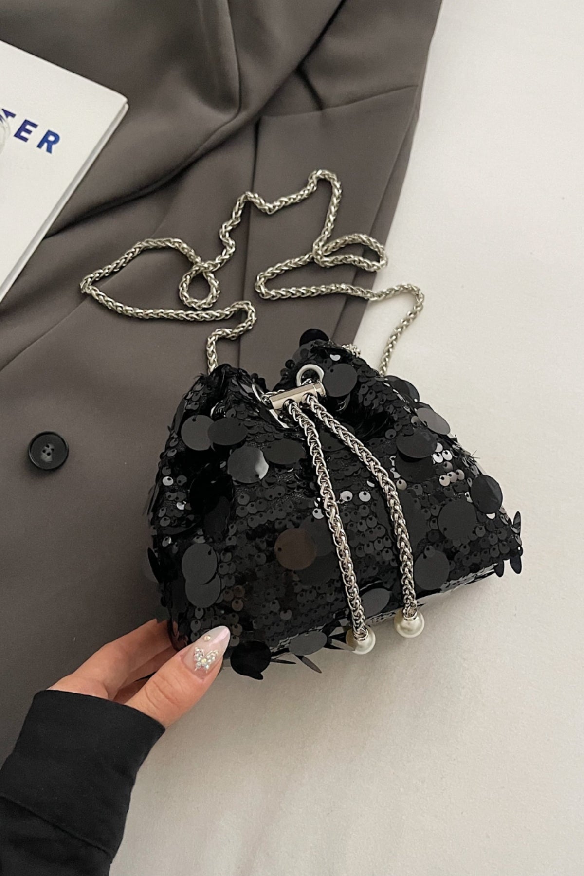 Sequin Silver Bucket Bag Drawstring Small Women Chain Crossbody Strap