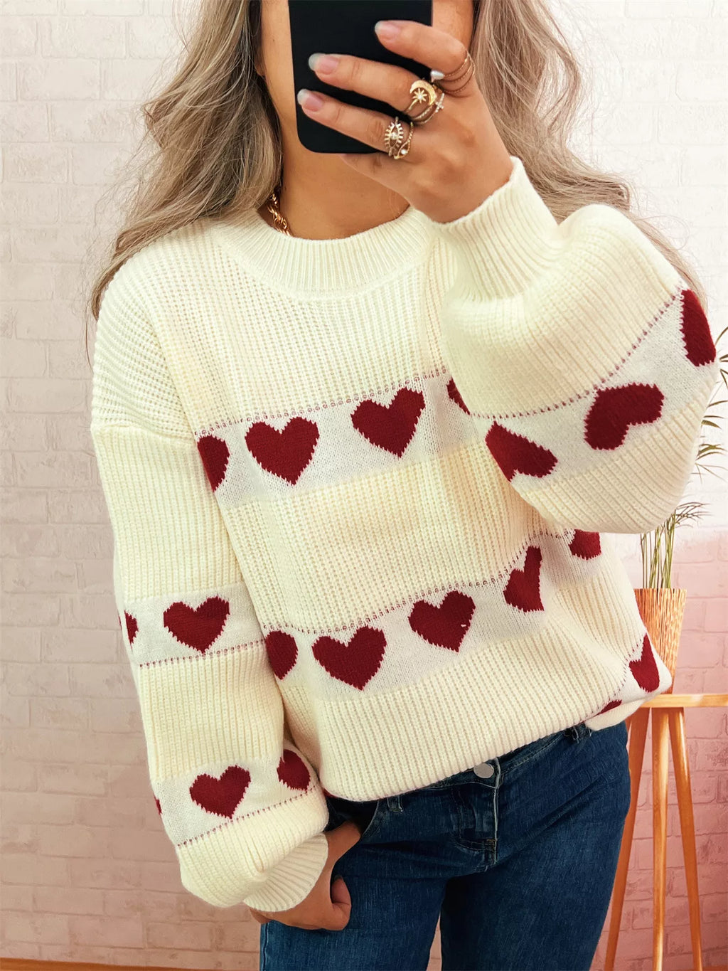 Women's Sweater Heart Pattern Dropped Shoulder Long Sleeve Puulover d84ef85ada8e4eb7bc81a1f3dde6fd54-Max-Origin Trendsi