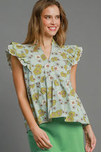 Umgee Blouse Floral Mint Blue Print Peplum Top Short Ruffle Sleeve MINT BLUE MIX d8567fee-fc6f-401d-8793-96a3e26ef13d-Max Trendsi