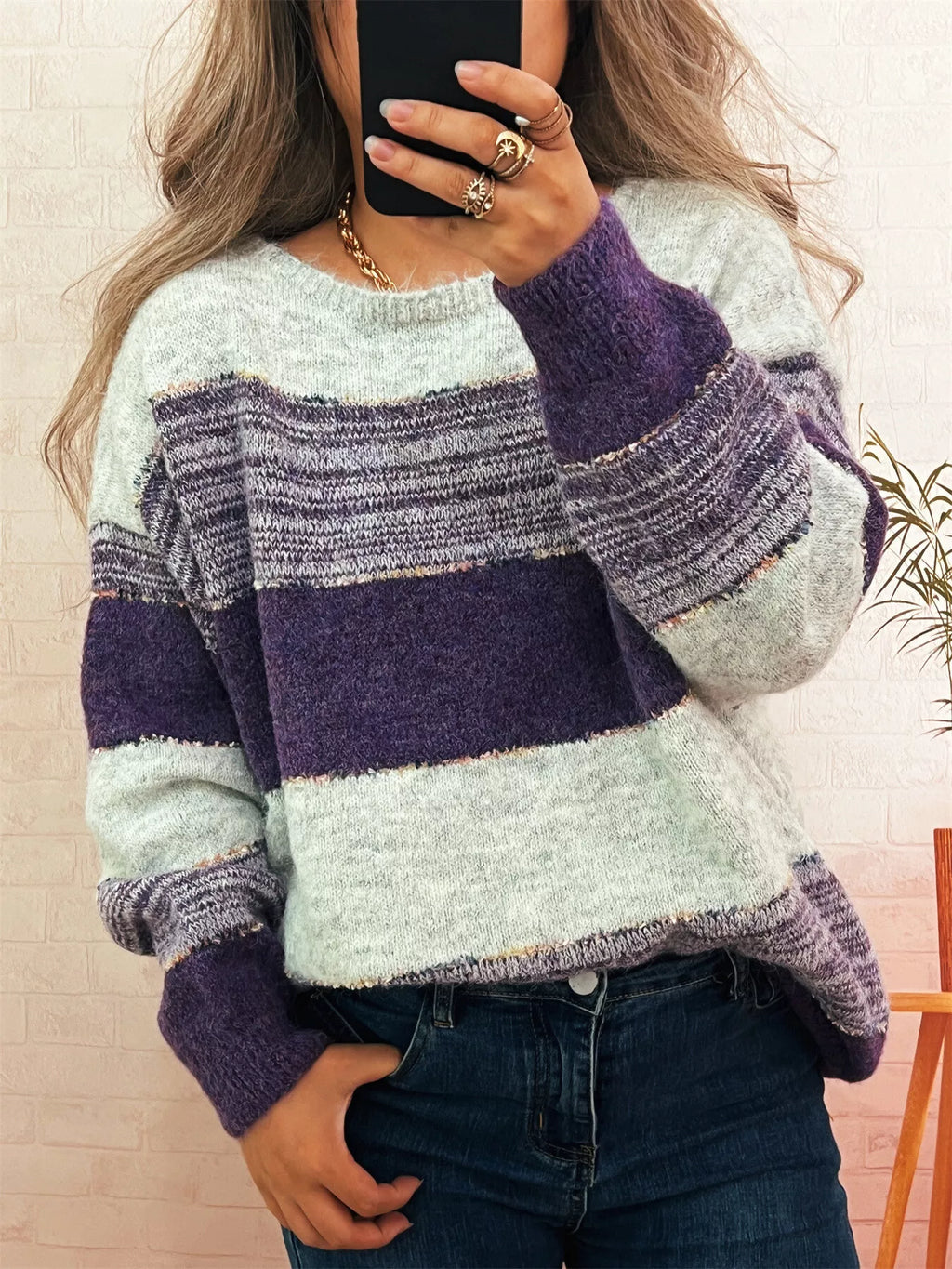 Women's Sweater Color Block Stripe Dropped Shoulder Knit Pullover d85bef832ac647ef81d47dbf26aef8ba-Max-Origin Trendsi