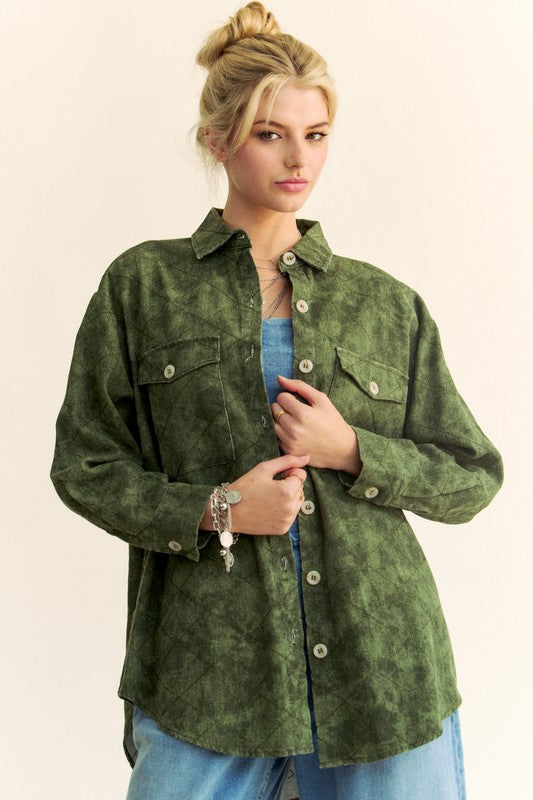 Davi & Dani Women Jacket Denim Army Green Diamond Quilted Curved Hem