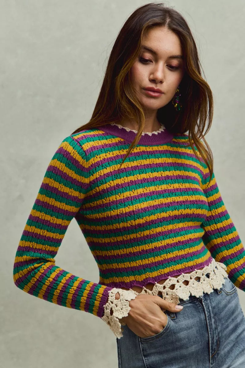 SO ME Mardi Gras Striped Cropped Knit Top with Crochet Edge d86a401d987e426bb698df23ce4431fe-Max-Origin Trendsi