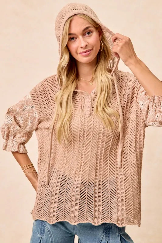 BiBi Hooded Knit Top Taupe Jacquard Flower Puff 3/4 Sleeve Button Tied d86b669d-7d06-46e8-80ed-6c2236e0f2bc-Max-Origin Trendsi