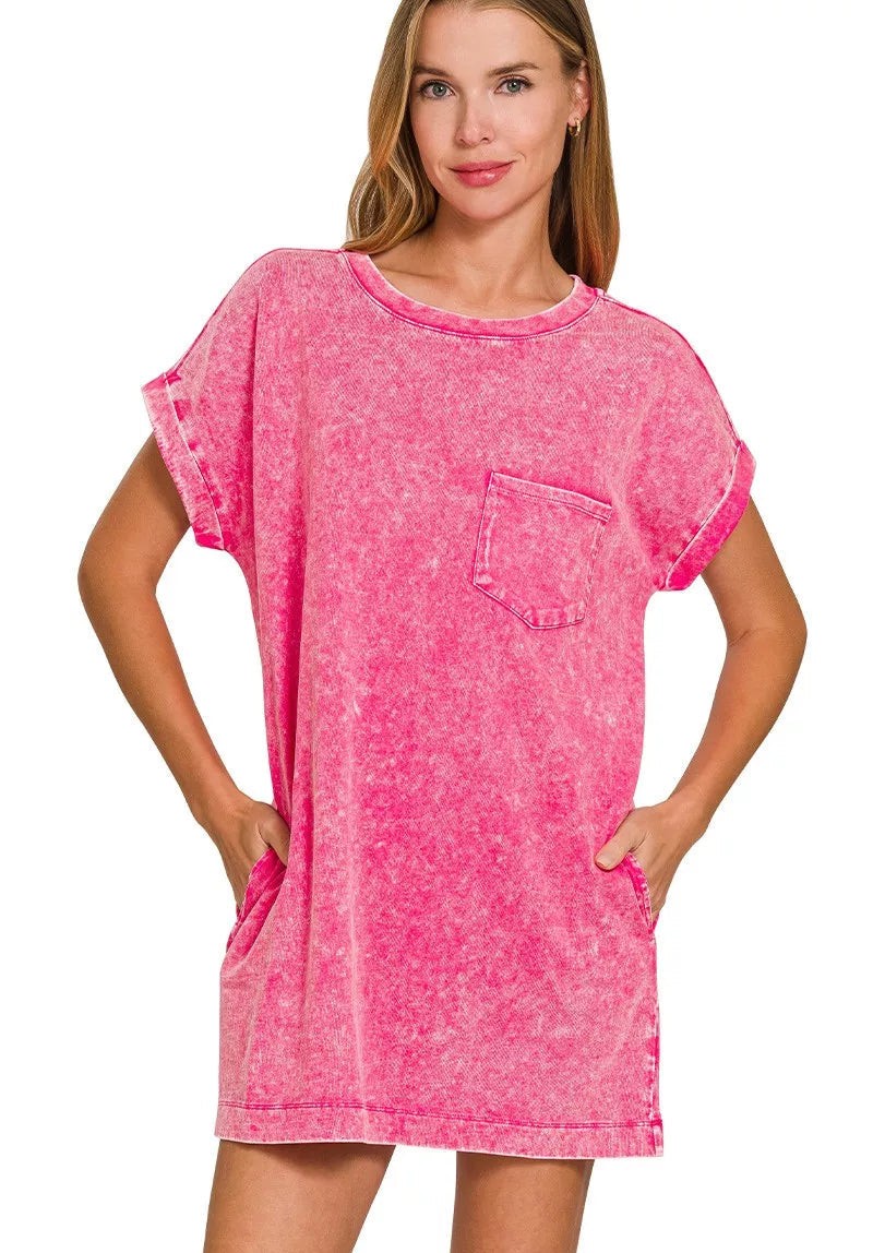 Zenana Premium Cotton Washed T-Shirt Dress HOT PINK d86da5a505da47f4a4b074e92d0c79f0-Max-Origin Trendsi