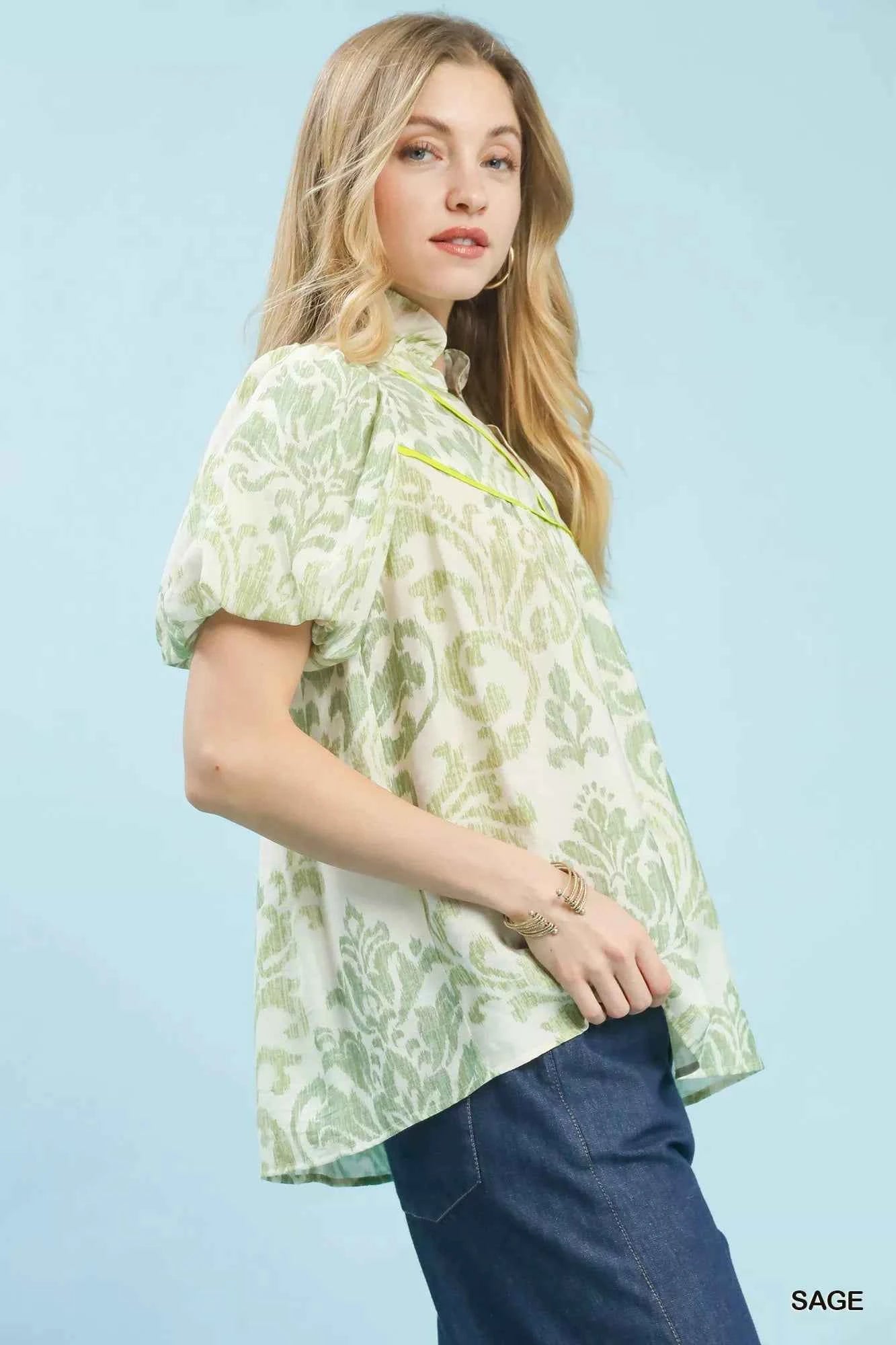 Umgee Blouse Sage Green Damask Puff Short Sleeve Ruffled Top d873412b-b61b-451d-8431-1e0b77d5f238-Max-Origin Trendsi