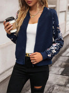 Zip Up Jacket Floral Print Long Sleeve Outwear Navy d8791499-4ece-4163-ab4d-6b313d530178-Max Trendsi