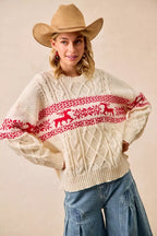 BiBi Christmas Womens Sweater Ivory Red Cable Knit Knit Pullover d882f6de53f94b2b9da57ab00699c515-Max-Origin Trendsi