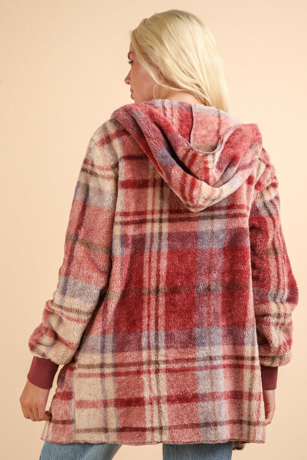 VERY J Fuzzy Plaid Long Sleeve Hooded Jacket Open Pocketed d884431e-f6e5-48eb-bf0b-aeb8ba2ad045-Max Trendsi