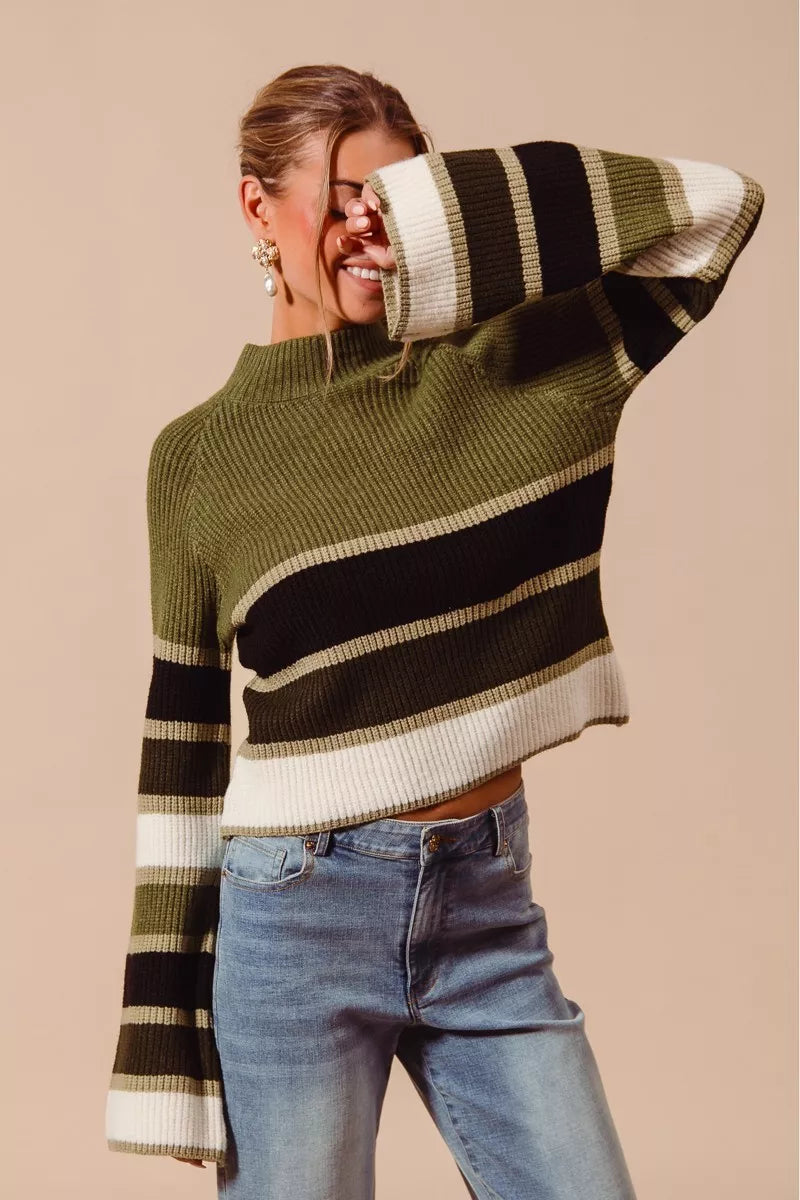 SO ME Women's Sweater Olive Striped Multi Color Mock Neck Pullover d8883629bb6548059339d7dfe6b27f43-Max-Origin Trendsi