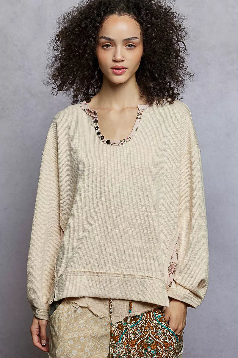 POL Balloon Sleeve Oversized Ribbed Top with Floral Pattern Contrast POWDER ALMOND d888e083-7427-4b4f-9aa4-f2c405c93bc2-Max-Origin Trendsi