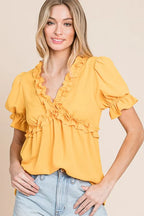 Lime 'N' Chili Babydoll Top Ruffled Deep V-Neck Puff Short Sleeve MANGO d889670e313c4752b348834b2624ec5e-Max-Origin Trendsi
